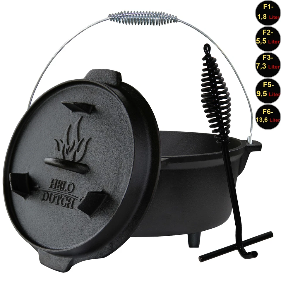 Dutch Oven Set Gusseisen Deckelheber BBQ Feuertopf Schmortopf 1,8L-13,6L Rezepte - Bild 3 von 4