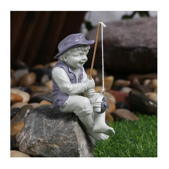 ceramics of little boy holding a fish pole for outdoors Goodeco Fisherboy Statue Garden Decor boy fishing statue products for