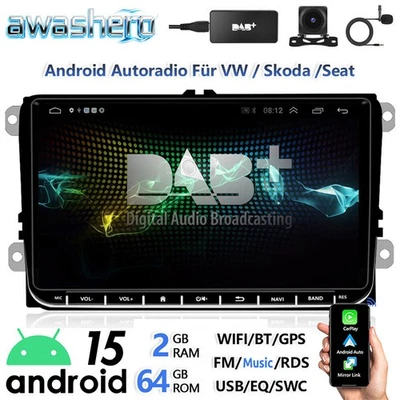 DAB+ 9" Android 15 Autoradio Carplay GPS Für VW Golf 5 6 Polo Touran Tiguan Navi - Bild 1 von 4