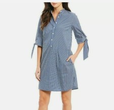 MICHAEL Kors Stripe Button Tie Sleeve 3/4 Sleeve V-Neck Shirt Dress Gray White S