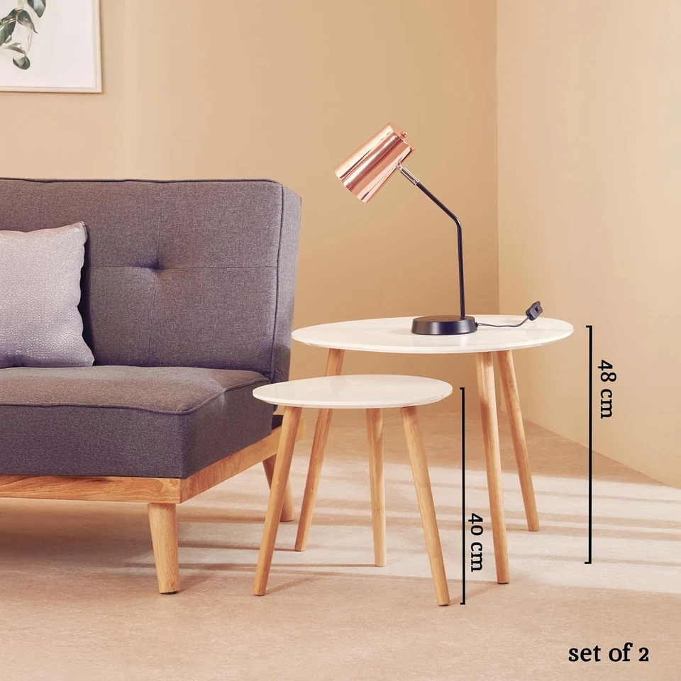 Oval White High Gloss Nesting Coffee Tables Set of 2 Scandinavian Wood Legs - Image 2 of 4