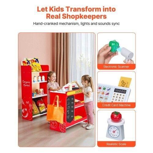 как выглядит Wooden Kids Grocery Store Playset with Conveyor, Cash Register Scanner, Preten фото