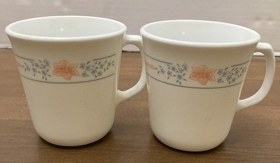 2) VNG Apricot Grove Corning Corelle Coffee Cup Mug Peach Flowers w/ Grey Leaves