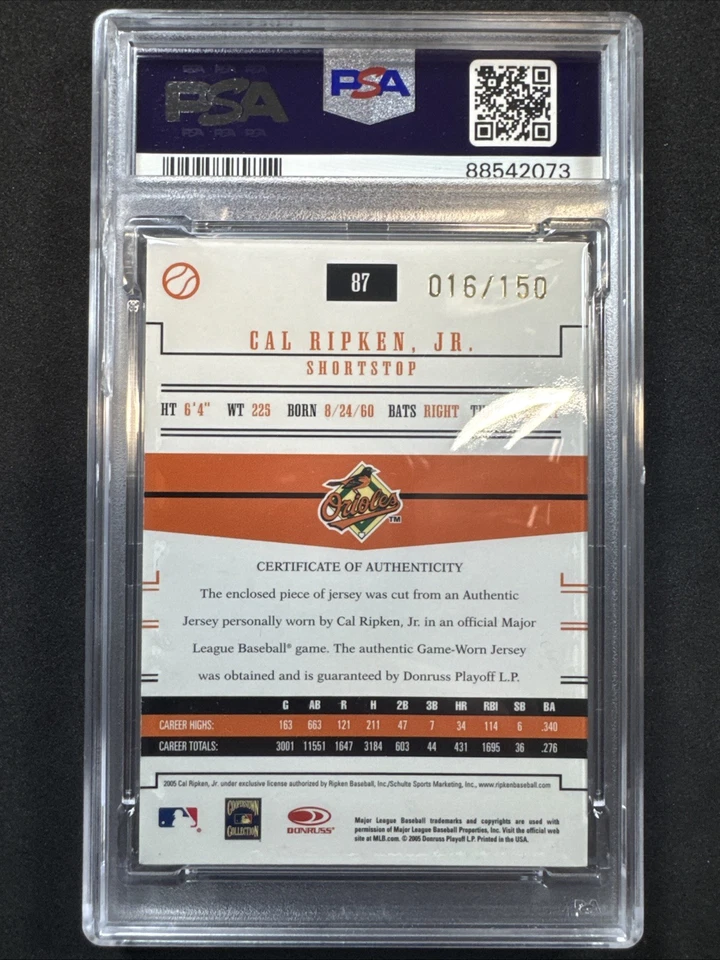 2005 Prime Patches Baseball Cal Ripken Jr. Jersey Relic /150 PSA 8 - Image 2 of 2