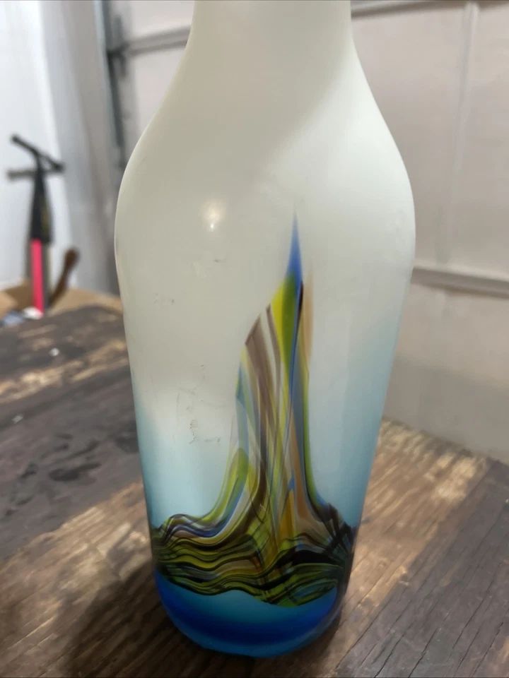 Матовая белая стеклянная ваза зеленый желтый завиток красный ободок 12 дюймов китайский художественный декор - Изображение 4 из 4