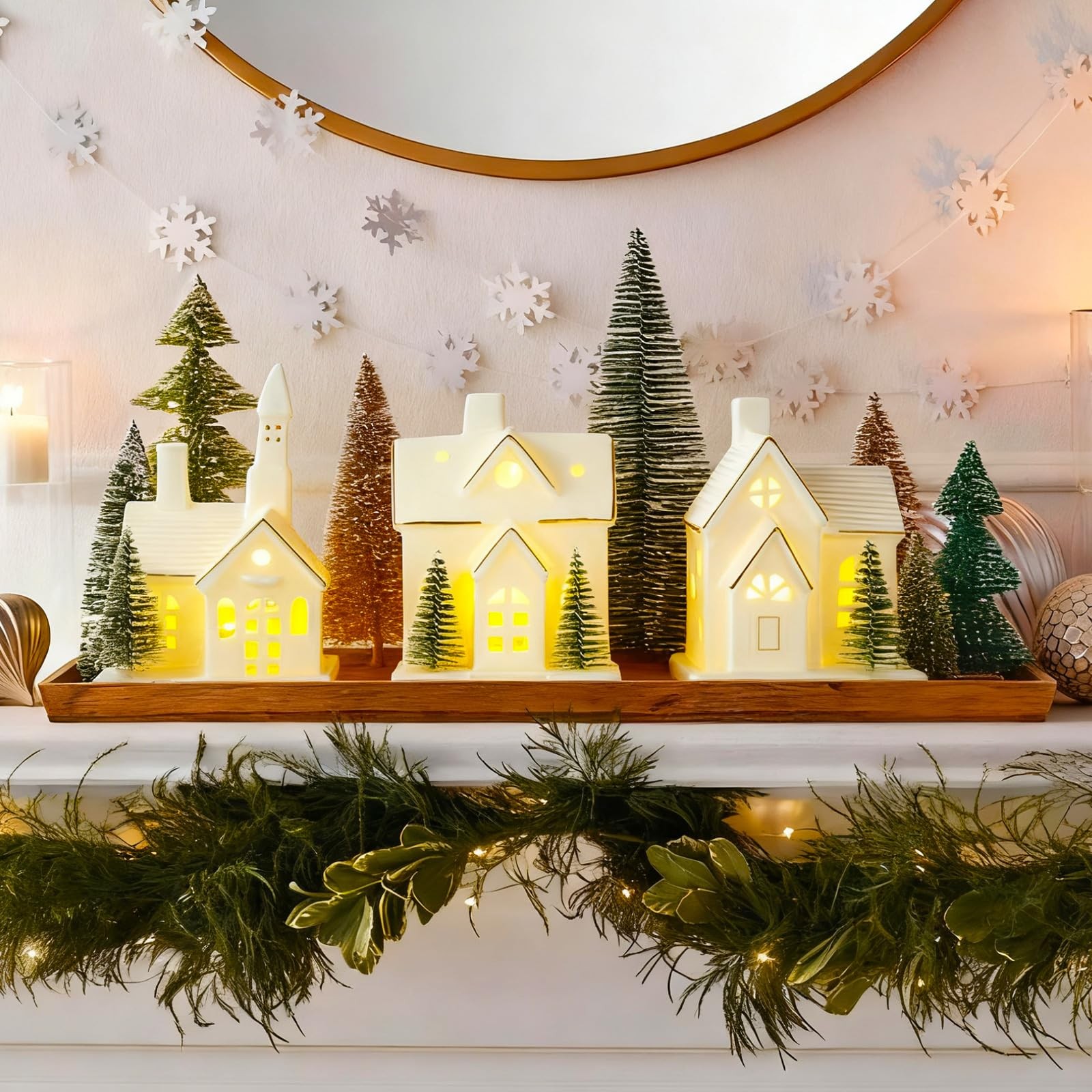 Timer: White Ceramic Christmas Village Houses, 3Pcs Light Up Christmas Villag...