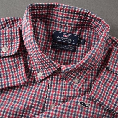 Vineyard Vines Seersucker Nylon Poly Whale Shirt Mens XL Blue Gingham