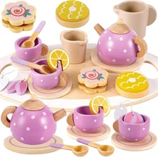 Wooden Tea Party Set for Toddler Little Girls 3-5 with Teapot Tea Cup Set Woo...