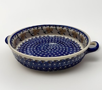Polish Pottery Ceramic Baking Serving Dish Handles Round Traditional Blue 9.25 