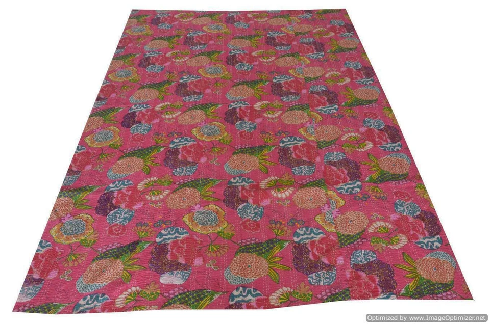 Indian Art Kantha Queen Quilt Handmade Floral Reversible Blanket Throw - Image 2 of 4