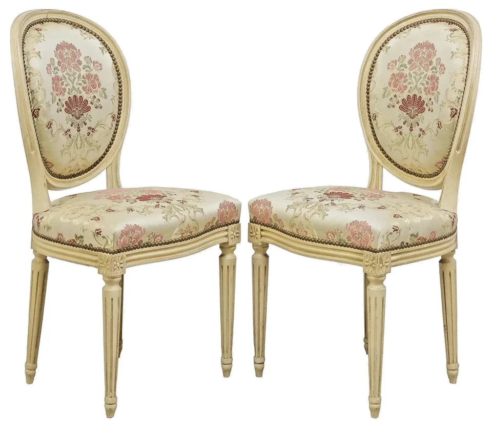 Sillas, Comedor, Estilo Francés Luis XVI, Pintado, Brocado Uphol., Años 1900, Seis (6) Foto 2 de 4