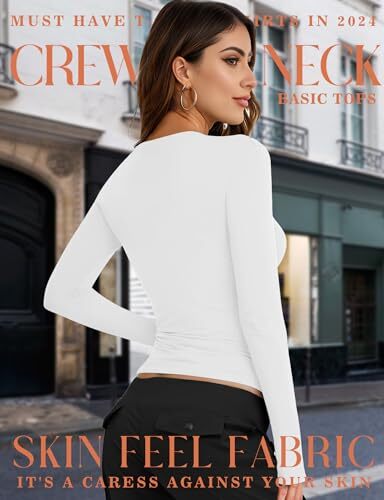 Womens Crew Neck Basic Long Sleeve T Shirt Slim Fit Tees 2024 Medium 2# White - Picture 3 of 7