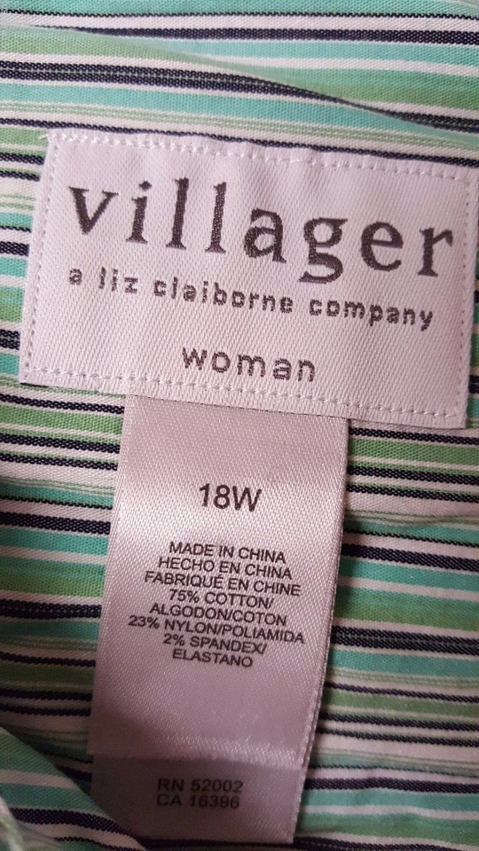 Camisa Top Blusa Mujer Villager Talla 18W Verde Azul Negro Rayas Foto 2 de 3