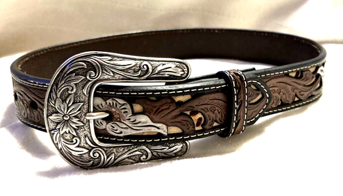 Nocona Belt Kids Genuine Leather Tooled Floral Etched Silvertone Buckle Girls 22 - Picture 2 of 9