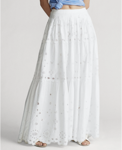 Polo Ralph Lauren White Eyelet Tiered Poplin Maxi Skirt Sz L
