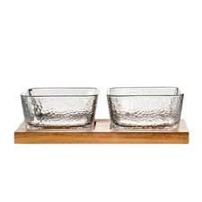 Partitioned Serving Dish on Wood Tray, Condiment Sauce Snacks Set of 2 Bowls