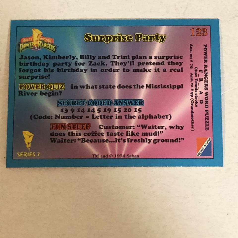 Mighty Morphin Power Rangers 1994 Trading Card 123 Surprise Party eBay