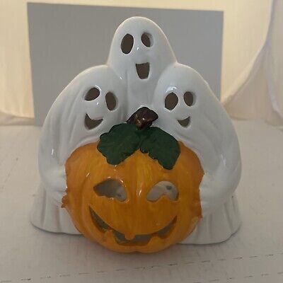 Ceramic Ghosts And Pumpkin Tea Lite Holder Halloween Decor Votive ...