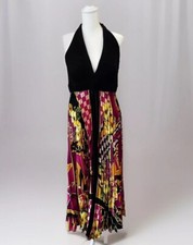 Xscape Sz 14P Black Multi Print  Accordion Pleat Halter Maxi Dress Low Back Mod