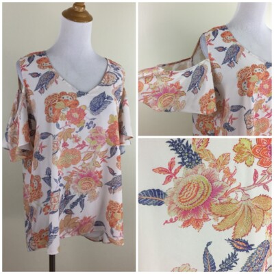 ANTIBES BLANC Womens sz Large White Multi-Color Cold Shoulder Floral Print Shirt