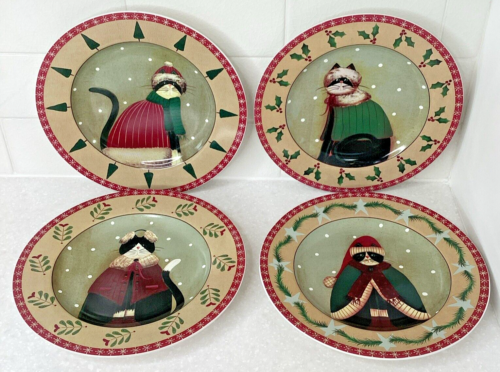 Onedia Holiday Cats Fiddlestix 8 1/4" Dessert Salad Plates (4) Stoneware