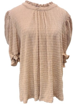 THML Vega Velvet Crème Blush Top Blouse Puff Sleeve Ruffle Collar Blouse Size L
