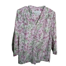 Alfred Dunner Blouse Women's 14 Floral Button Up V-Neck 3/4 Sleeve Shirt Top