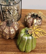 3 Heavy Resin Pumpkins Metal Leaf Fall Thanksgiving Halloween Decor Set/3 NEW