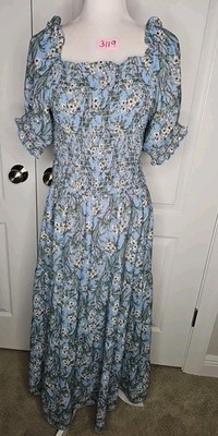 Max Studio Smocked Bodice Blue Sky Floral Tiered Maxi Dress Size Large