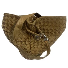 Bottega Veneta Hobo Bag Bronze Woven Satin Boho Handbag Gold Logo Hardware Charm