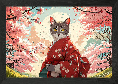 Katze Kimono Kirschblüten gerahmtes Wandbild Poster Leinwanddruck Bild