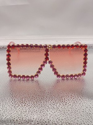 Oversized Retro Shield SUN GLASSES Big Frame Lens Large Red & Pink Rhinestones