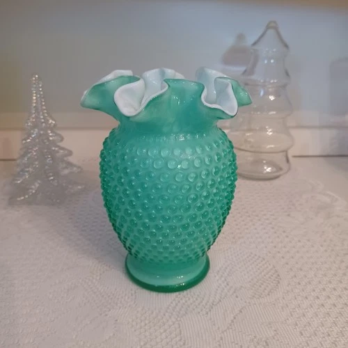 Fenton Cased Green Apple Hobnail Ruffled Vase