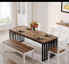 180cm  Rustic Dining Table Large 4/6 People Wooden Black Metal Legs