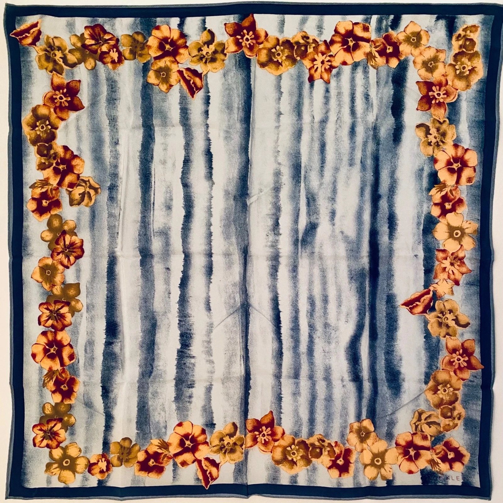 Anne Klein 20.5”x20.5” Square Blue Cranberry & Tan Floral Silk Scarf *VTG*EUC*