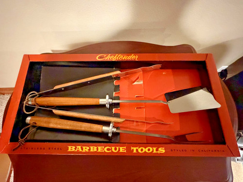 Vintage Mr. Tender Stainless Steel BBQ Tool Set Wood Handles Original Box