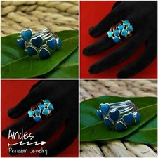 Handmade peruvian ring 950 silver w/ 7 rings adorned w/ Chrysocolla hearts Size9