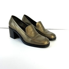 Vtg 90s Y2K Nine West Gold Leather Chunky Block Heel Slip on Loafers Sz 6