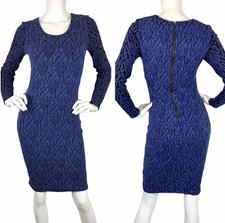 Tracy Reese Stretch Jaquard Knit Bodycon Dress Exposed Zipper Long Sleeve Blue M