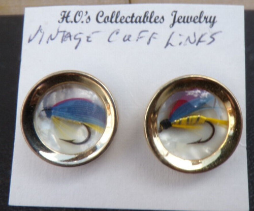 Vintage Gold tone blue yellow Fly Fishing Lure Bullet Back Men’s Cufflinks