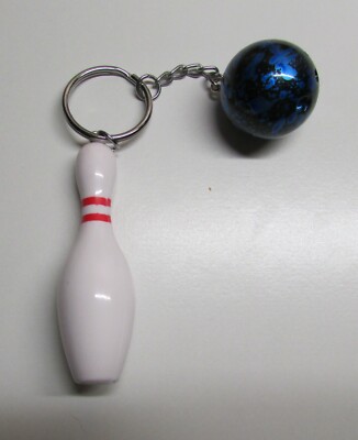 Fashion Bowling Pin and BLUE Ball KEY CHAIN Ring 3D Keyfob Keychain NEW 