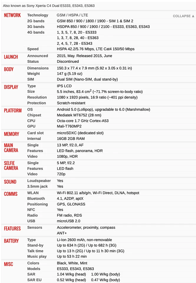 Sony Xperia C4 E5363 Dual SIM 4G LTE 16GB 13MP Phone Wifi GPS UNLOCKED - Image 3 of 3