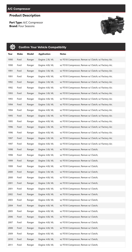 Compresor de aire acondicionado para Ford Ranger 1990-2011 4 estaciones 1991 1992 1993 1994 1995 1996 Foto 2 de 4