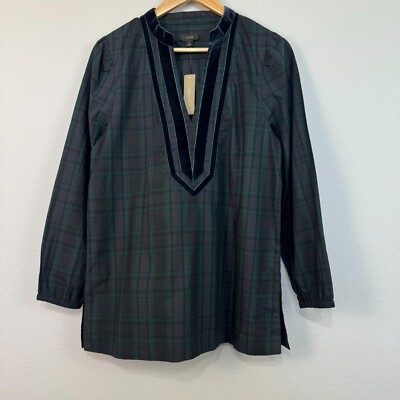 J. Crew Velvet-Trimmed V-Neck Tunic Black Watch Plaid Tartan Green Size Small