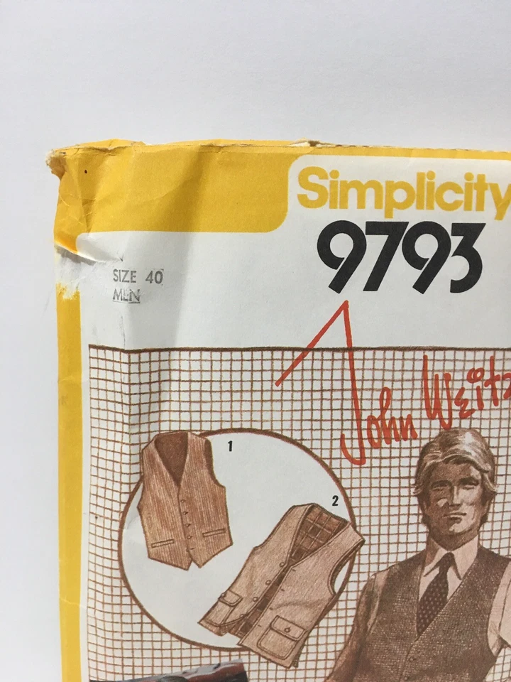 1980's Vintage SIMPLICITY 9793 PATTERN John Weitz VESTS 3 Styles Sz 40 UNCUT!! - Image 2 of 3