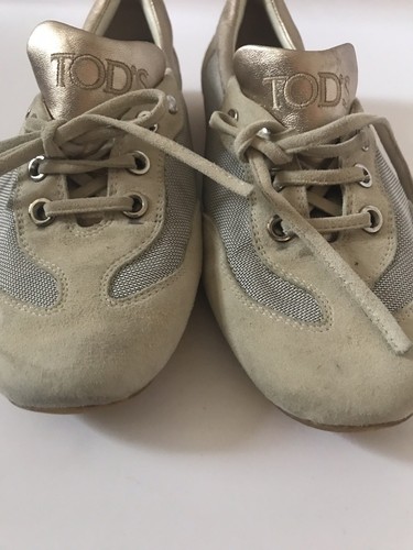 Tods Women's Shoes Keds Gold leather Gray Beige Suede Laced Size 37.5 US 7.5 - Picture 6 of 12