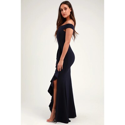 mila bridesmaid dress Lulu's Women's S Navy Blue Ruffled Off-the-Shoulder Maxi BLUEY DRESS 100% polyester chiffon New Summer Dresses for Size:M (56)