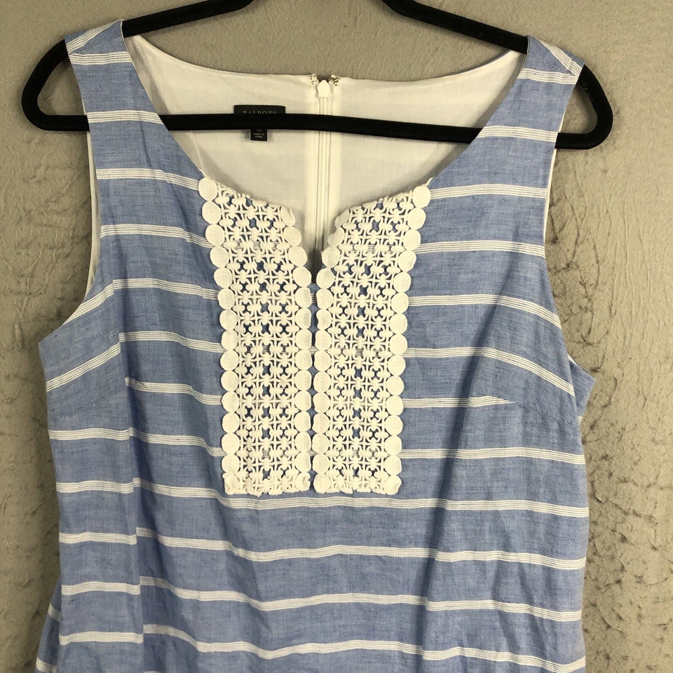 Vestido Talbots Mujer 14 Azul Blanco Rayas Mezcla de Lino Femenino Preppy Solero Foto 2 de 4