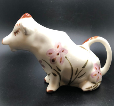 Vtg Artist Signed Hand Painted Ceramic Sitting Porcelain Glazed Cow Milk Creamer