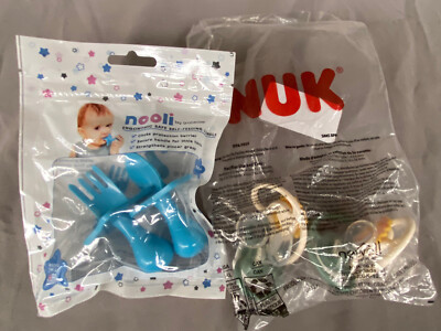 NOOLI Baby Self-Feeding Utensils Spoon and Fork Nuk Pasifier #4 Lot 2 New In Bag